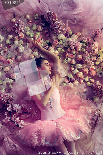 Image of Young woman in pink ballet tutu surrounded by flowers