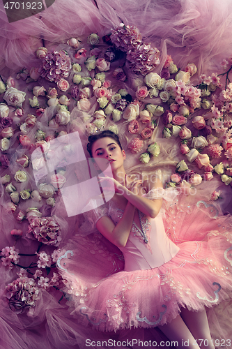 Image of Young woman in pink ballet tutu surrounded by flowers