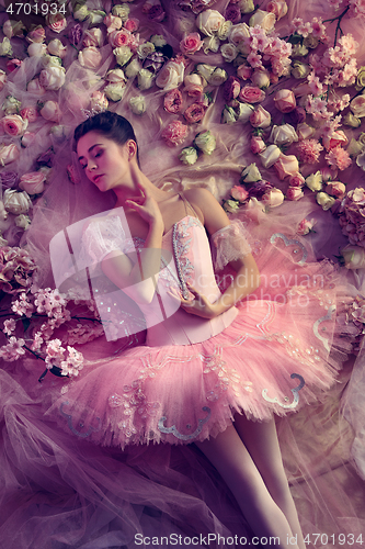 Image of Young woman in pink ballet tutu surrounded by flowers