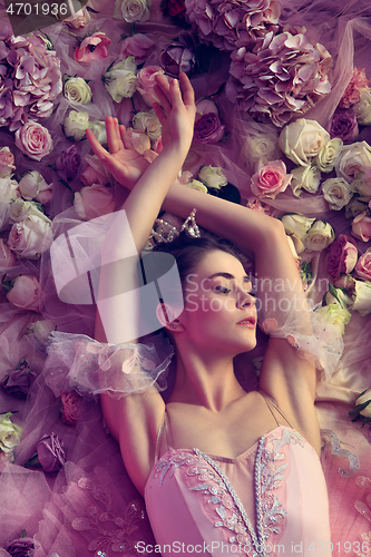 Image of Young woman in pink ballet tutu surrounded by flowers