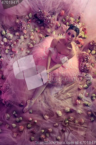 Image of Young woman in pink ballet tutu surrounded by flowers