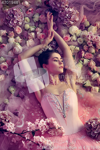 Image of Young woman in pink ballet tutu surrounded by flowers