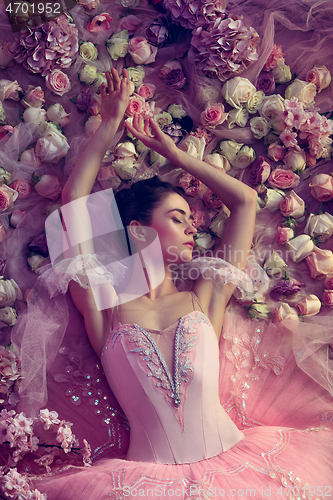 Image of Young woman in pink ballet tutu surrounded by flowers