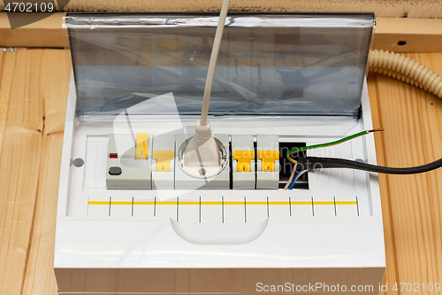 Image of Electric switchboard located inside a country house and with a temporary wire connection