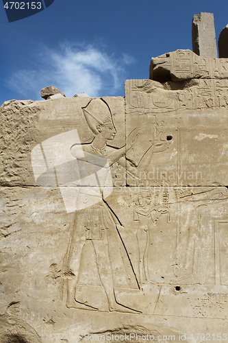 Image of Ancient stone wall with Egyptian hieroglyphs in the Karnak Templ