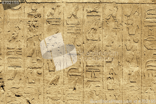 Image of Ancient egyptian hieroglyphs carved on the stone wall