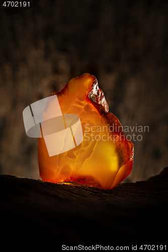 Image of Beauty of natural raw amber. A piece of yellow opaque natural amber on large piece of dark stoned wood.