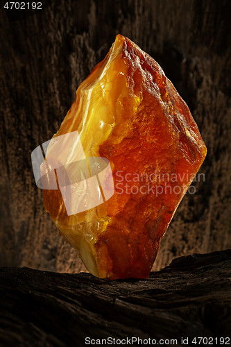 Image of Beauty of natural raw amber. A piece of yellow opaque natural amber on large piece of dark stoned wood.