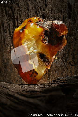 Image of Beauty of natural raw amber. A piece of yellow opaque natural amber on large piece of dark stoned wood.