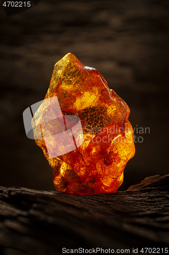 Image of Beauty of natural raw amber. A piece of yellow-red transparent natural amber on piece of stoned wood