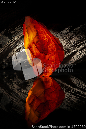 Image of Beauty of natural raw amber. A piece of yellow-red transparent natural amber on piece of stoned wood