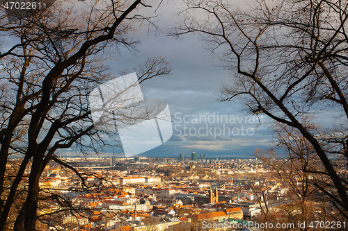 Image of View from Petrin Park on Prague City at  sunset. Czech Republic.