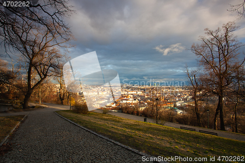 Image of View from Petrin Park on Prague City at  sunset. Czech Republic.