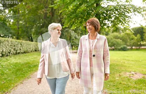 Image of senior women or friends walking along summer park