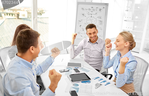 Image of happy business team celebrating success at office