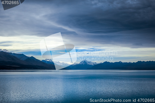 Image of Pukaki lake at sunset, Mount Cook, New Zealand