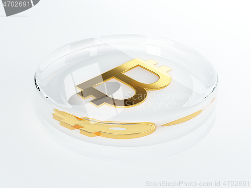 Image of bitcoin cryptocurrency golden symbol covered with glass 