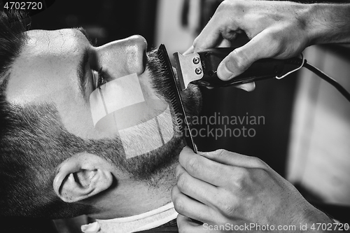 Image of Client during beard shaving at barbershop.