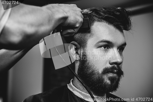 Image of Young handsome barber making haircut for attractive man in barbershop