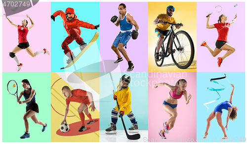 Image of Sport collage about athletes or players. The tennis, running, badminton, rhythmic gymnastics, volleyball.