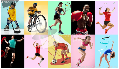 Image of Sport collage about athletes or players. The tennis, running, badminton, rhythmic gymnastics, volleyball.