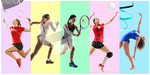 Image of Sport collage about female athletes or players. The tennis, running, badminton, rhythmic gymnastics, volleyball.