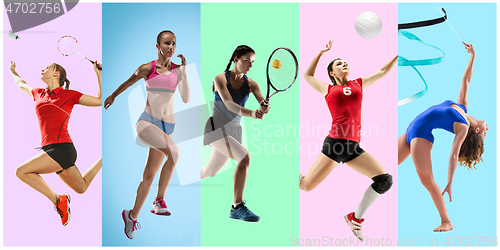 Image of Sport collage about female athletes or players. The tennis, running, badminton, rhythmic gymnastics, volleyball.