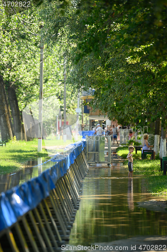 Image of Special water barriers to prevent flood caused by river spill after heavy rains set in Vadul lui Voda beach area