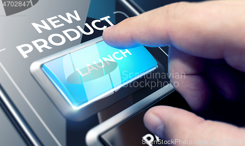 Image of New Product - Man Pushing Button on Futuristic Interface.