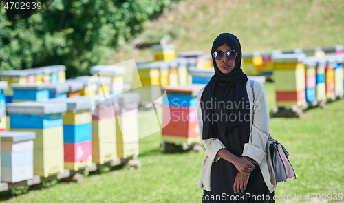 Image of african muslim businesswoman portrait on small local honey production farm