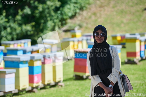 Image of african muslim businesswoman portrait on small local honey production farm