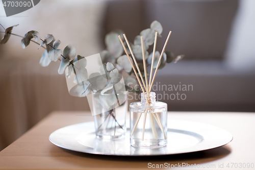 Image of aroma reed diffuser and branches of eucalyptus