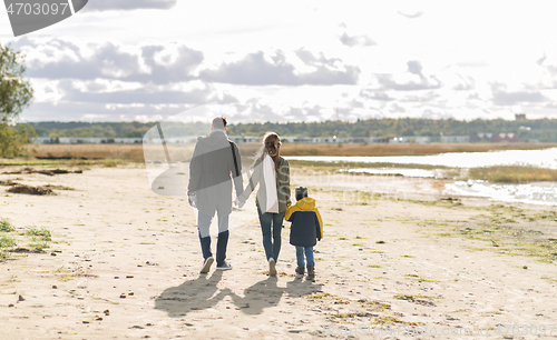 Image of happy family walking along autumn beach