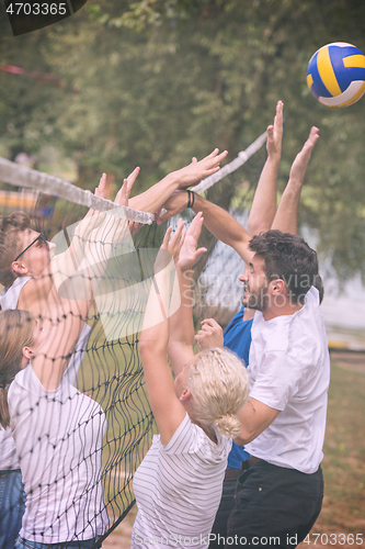 Image of group of young friends playing Beach volleyball