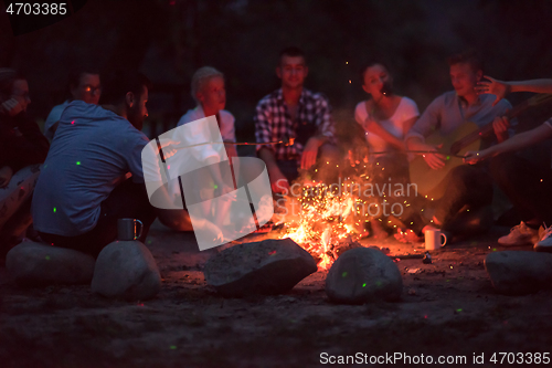 Image of young friends relaxing around campfire