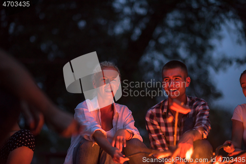 Image of young friends relaxing around campfire