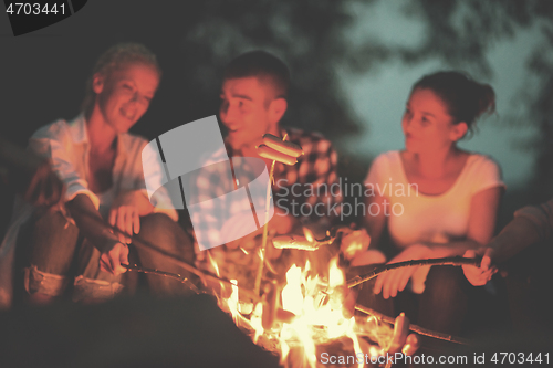 Image of young friends relaxing around campfire