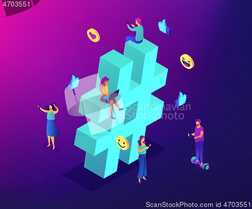 Image of Hashtag tracking isometric 3D concept illustration.