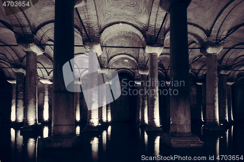 Image of The Basilica Cistern, the largest of several hundred ancient cisterns that lie beneath the city of Istanbul, Turkey