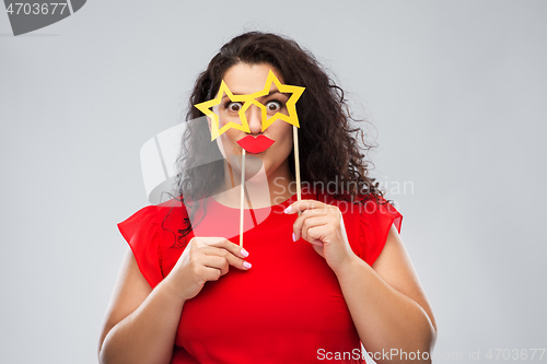 Image of funny woman with star shaped glasses and red lips