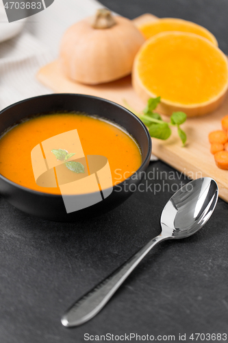 Image of close up of vegetable pumpkin cream soup in bowl