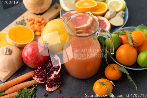 Image of glass jug of juice with fruits and vegetables