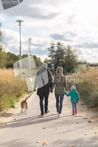 Image of happy family walking with dog in autumn