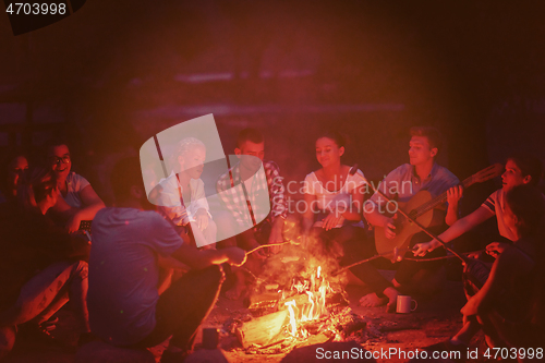 Image of young friends relaxing around campfire