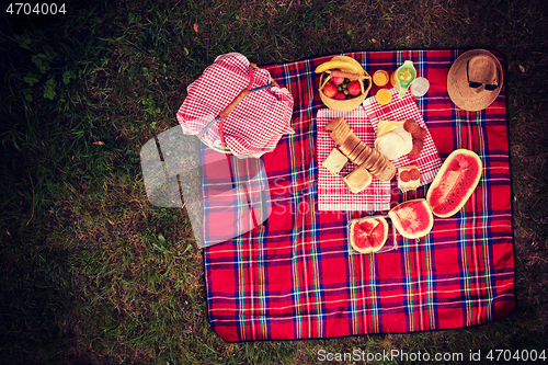Image of top view of picnic blanket setting on the grass