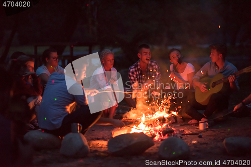 Image of young friends relaxing around campfire