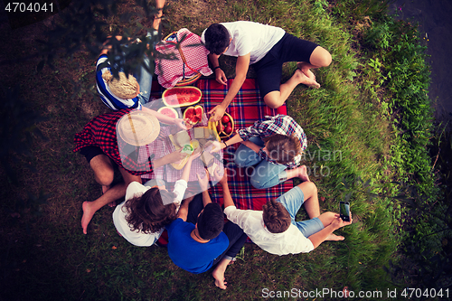 Image of top view of group friends enjoying picnic time