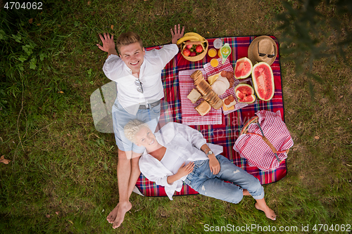 Image of top view of couple enjoying picnic time