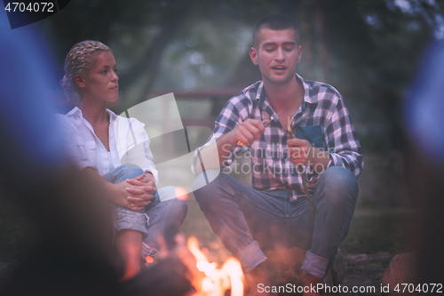 Image of young friends relaxing around campfire