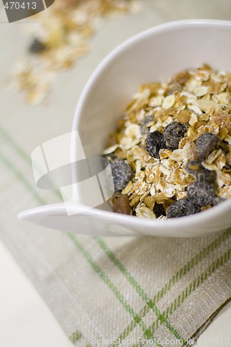 Image of bowl full of musli and bottle of milk